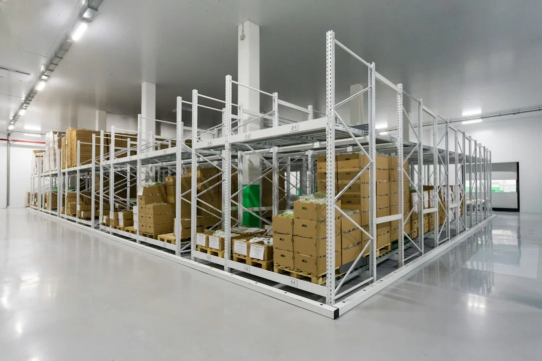 Organized warehouse storage with grain bags on pallets