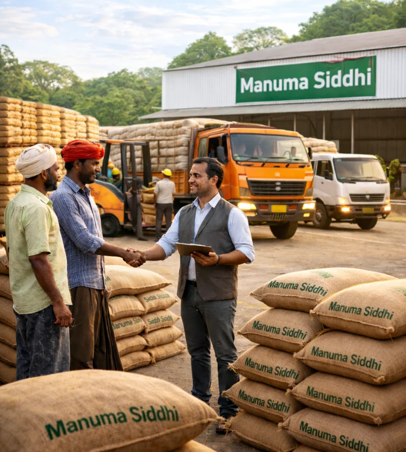 Manuma Siddhi team meeting farmers beside paddy sacks and delivery trucks