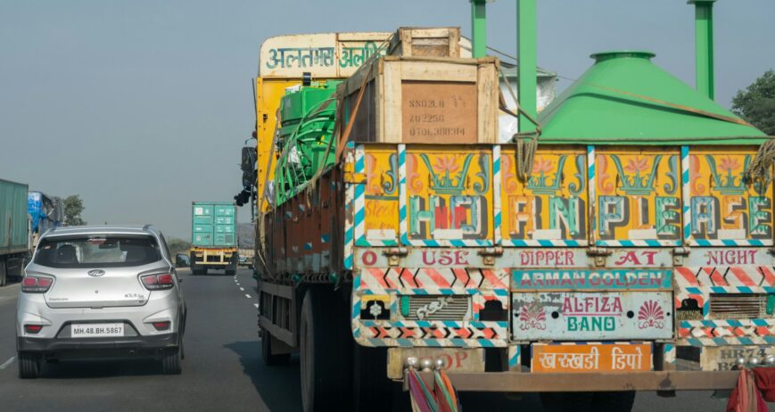 Goods lorry on an Indian highway used for bulk grain transport