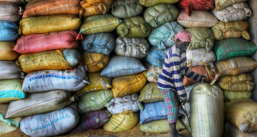 Sacks of paddy stacked for weighing, illustrating transparent paddy procurement